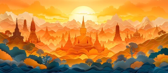 Vibrant Papercut Buddha Statues in Sunset Landscape, To convey a sense of spirituality, peace, and tranquility in a unique and artistic way, suitable
