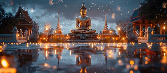 Serene Thai Buddha Statue in Night Sky, This image would make a powerful and calming stock photo for those seeking a spiritual or religious image - obrazy, fototapety, plakaty