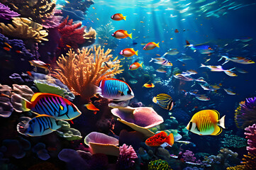 underwater world with colorful fishes