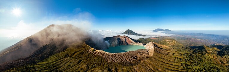 Aerial panorama drone view of mount Kawah Ijen volcano crater at sunrise, East Java, Indonesia