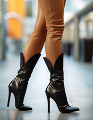 Sexy female legs in high leather boots and short mini skirt. Ai Generative