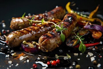Grilled sausages with vegetables and spices on black background