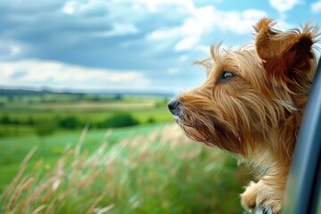 Pensive Dog Enjoying the Breeze on a Tranquil Country Road - Generative AI