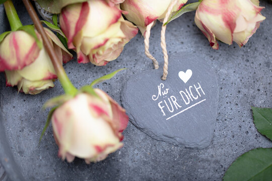 hintergrund mit antiken rosen auf betonhintergrund mit text und schild: " für Dich"
