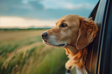 Golden Labrador Gazing Thoughtfully on a Car Ride Through the Fields - Generative AI