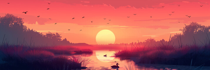 Cartoon nature landscape with swamp. Sunset sunrise on lake with ducks and clearing of lush grass against the backdrop of forest. Banner poster print design flat style