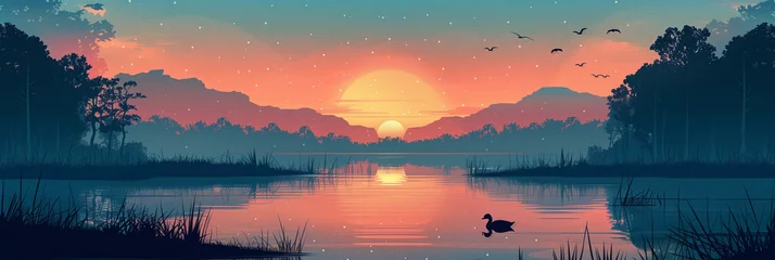 Poster Cartoon nature landscape with swamp. Sunset sunrise on lake with ducks and clearing of lush grass. Design for banner, poster, print in flat style, modern illustration © Yelyzaveta