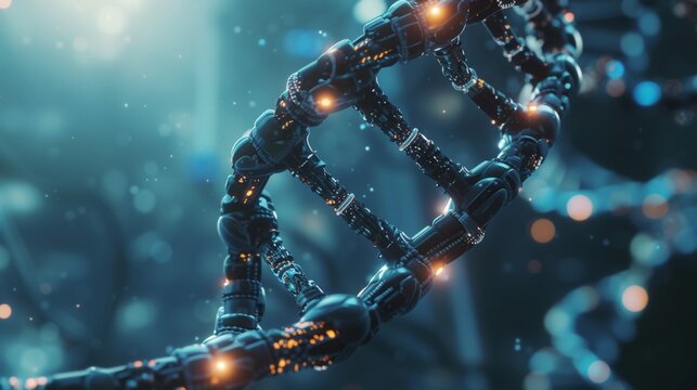 DNA double helix being intertwined with high-tech robotic arms implying a blend of biology and technology.