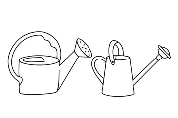 Garden watering cans in doodle style. Simple icons of watering cans. Hand-drawn outline of a watering can for the garden. Vector © OLiAN_ART