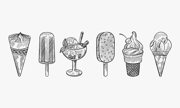 Ice cream dessert. Hand drawn black engraved vintage sweet delicious in bowl for restaurant isolated sketch vector vanilla drawing sundae icecream set