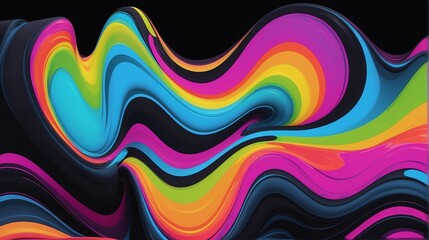 Holographic vibrant colorful neon swirling wave shape liquid on plain black background from Generative AI