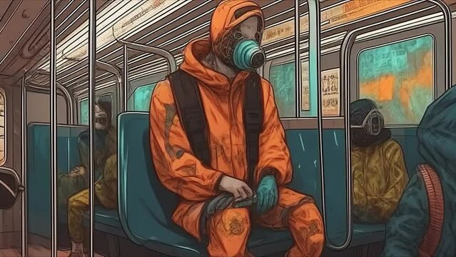 Animation of a young guy wearing a protective mask on the subway. Pop art style