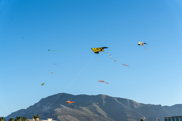 A group of kites are flying in the sky above a mountain