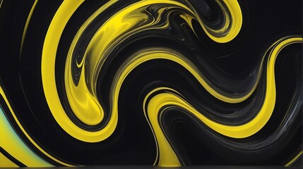Holographic vibrant yellow neon swirling wave shape liquid on plain black background from Generative AI