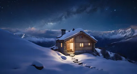 Fotobehang 雪深き山荘と星々 © Masato Photography