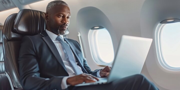African American Businessman with a device in a jet Generative AI