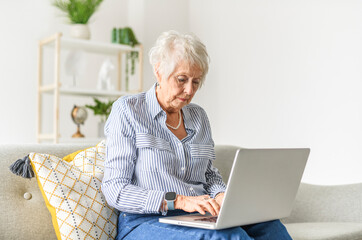 Smiling mature grey senior woman sit on sofa at home