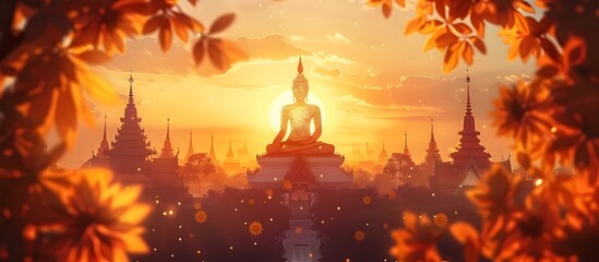 Autumn Sunset Buddha Statue in Thailand, To provide a visually striking and spiritually inspiring image of a Buddha statue in a unique and
