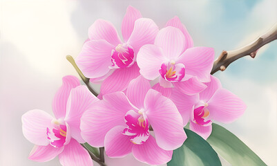 Pink orchid in bloom on summer branches in garden. Bouquet of flower watercolor painting. Beautiful flower. Lovely flower. flower in tropical garden. Orchid bouquet. Banner.