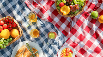 A picnic blanket with a red and white checkered pattern, featuring fruits in baskets, sandwiches on plates, glasses of juice, and fruit - obrazy, fototapety, plakaty