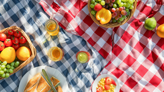 A picnic blanket with a red and white checkered pattern, featuring fruits in baskets, sandwiches on plates, glasses of juice, and fruit