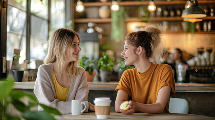 Two friends having coffee and talking in the morning at a modern cafe. various interior elements