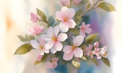 Cherry blossoms in bloom on branches in garden. Bouquet of flower watercolor painting. Beautiful flower. Lovely flower. flower in tropical garden. Branch of pink flower bouquet . Banner.