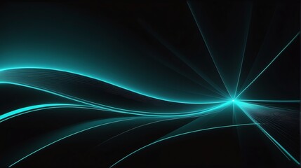Reflective teal laser curved slanted light ray on a plain black background from Generative AI