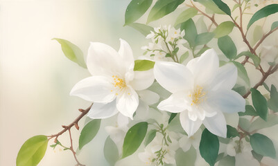 Fototapeta premium Jasmine flowers in bloom on branches in garden. Bouquet of flower watercolor painting. Beautiful flower. Lovely flower. Branch of Jasmine flower bouquet . Banner.