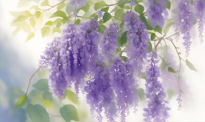 Purple wisteria flowers in bloom on branches in garden. Bouquet of flower watercolor painting. Beautiful flower. Lovely flower. flower in tropical garden. Branch of Purple wisteria flower bouquet . 