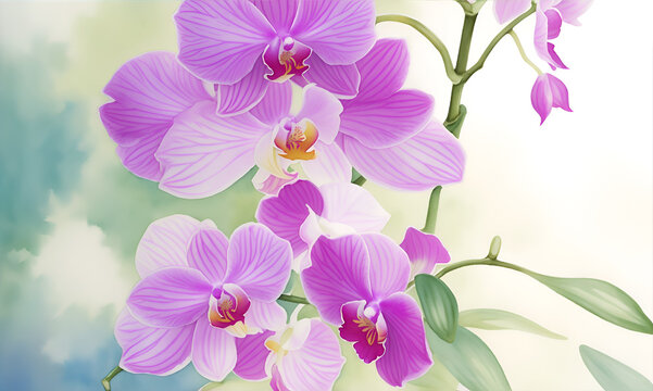 Orchid in bloom on summer branches in garden. Bouquet of flower watercolor painting. Beautiful flower. Lovely flower. flower in tropical garden. Orchid bouquet. Banner.