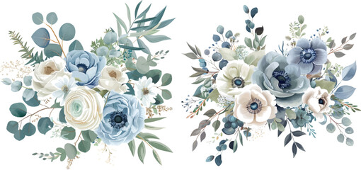 Dusty blue rose, white hydrangea, ranunculus, anemone, eucalyptus, greenery, juniper, magnolia vector design frame