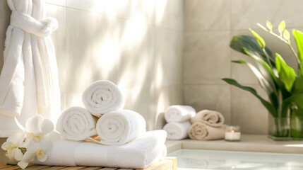 A serene spa setting with soft white towels and elegant floral arrangements, perfect for relaxation and wellness.