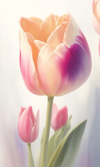 Spring flowers banner - bunch of pink tulip flowers. Bouquet of flower watercolor painting. Beautiful flower. Lovely flower. Wonderful Tulips (Lily family, Liliaceae)