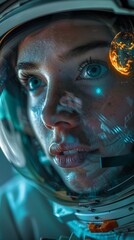Young Female Astronaut With Reflective Visor, Gazing Intensely, Cosmic Particles, Detailed Helmet, Cool Tones, Human Space Flight. AI Generated - obrazy, fototapety, plakaty