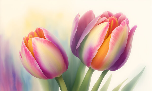Spring flowers banner - bunch of pink tulip flowers. Bouquet of flower watercolor painting. Beautiful flower. Lovely flower. Wonderful Tulips (Lily family, Liliaceae)