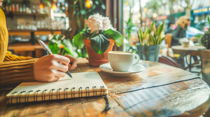 A person writing in their notebook at an outdoor cafe with coffee and flowers on the table