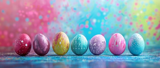Easter holiday celebration banner greeting card - Set collection of colorful  painted striped easter eggs on table with bokeh lights in the background
