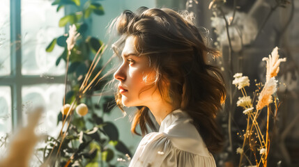 A beautiful woman with brown hair stands near the window in white. Sunlight shines through the plants and flowers, illuminating her face with a soft light.