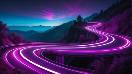Warp speed purple neon lights motion on a winding curved road at the side of a mountain cliff from Generative AI