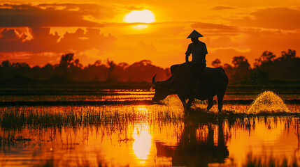 Silhouette of an Asian farmer riding a buffalo in a rice field at sunset, with golden hour light reflecting on the water surface - obrazy, fototapety, plakaty