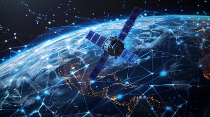 Satellite over planet Earth, Telecommunication blue hologram network. - obrazy, fototapety, plakaty