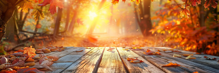 empty wooden in autumn,  empty wood table on blurred natural autumn flower background with sunlight ,bokeh light, empty space, product display,banner