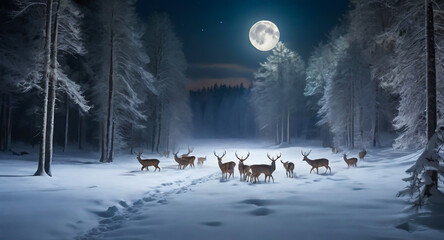 白銀に輝く満月と雪中の鹿