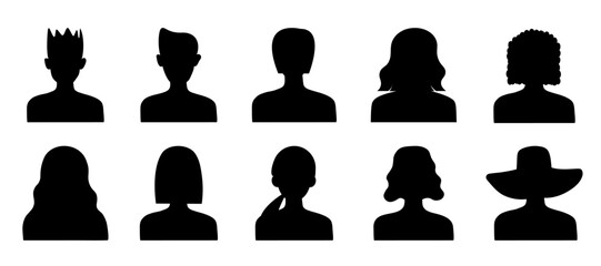 Set of silhouettes of heads of women and men, avatars. Vector illustration of faceless male and female avatars isolated on transparent background.