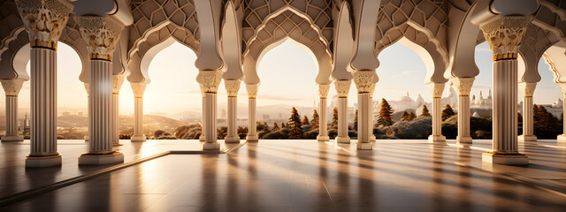 An unoccupied setting intended for text, highlighting an elegant mosque as the central motif, islamic background