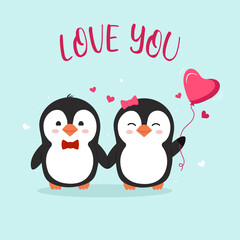 A сute couple of penguins and a heart-shaped balloon for Valentine's Day card design. Vector flat illustration.