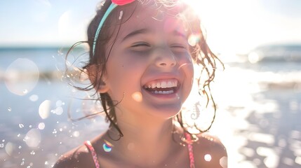Girl Smiling Underwater on Sunlit Beach, To convey a sense of joy, happiness, and sensory experience associated with summer and beach vacations - obrazy, fototapety, plakaty