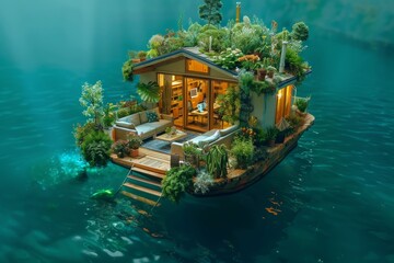 Obraz premium A house is floating on the water with a garden on top