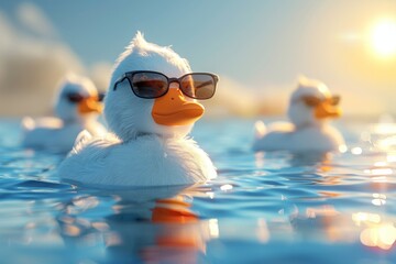 A duck wearing sunglasses is swimming in a body of water - obrazy, fototapety, plakaty